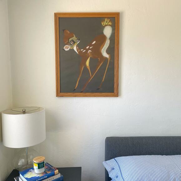 Vintage Original Chalk Pastel Drawing Bambi Deer Fawn Framed - Picture 2 of 9